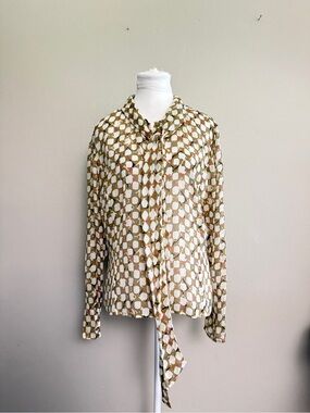 St. John Silk Tie Front Button-Up Sheer Blouse, size 10